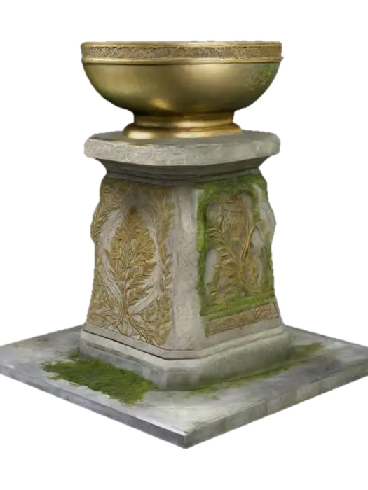 A ceremonial pedestal made of weathered stone, adorned with intricate carvings of… - Bowl 3D model, vytvořený pomocí AI