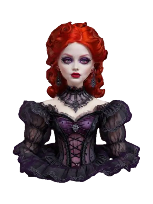 The main subject is a gothic-themed Barbie doll, dressed in an ornate,… - Spiderweb 3D model, vytvořený pomocí AI