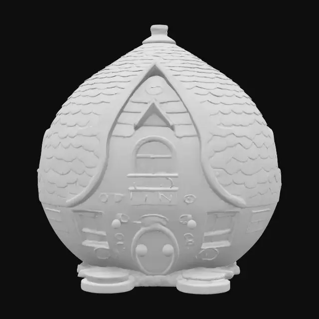 3D model for The object is an egg-shaped house featuring whimsical architecture with textured shingles, smooth walls, and intricate curved metalwork, set amidst a natural-looking environment, Featuring windows, a small balcony, and an egg-adorned entrance. HIGHLY DETAILED, ULTRA REALISTIC