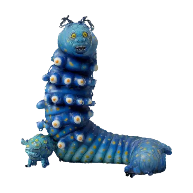 The object is a segmented, caterpillar-like sculpture with a humanoid face, coiled… - Pipe 3D model, vytvořený pomocí AI