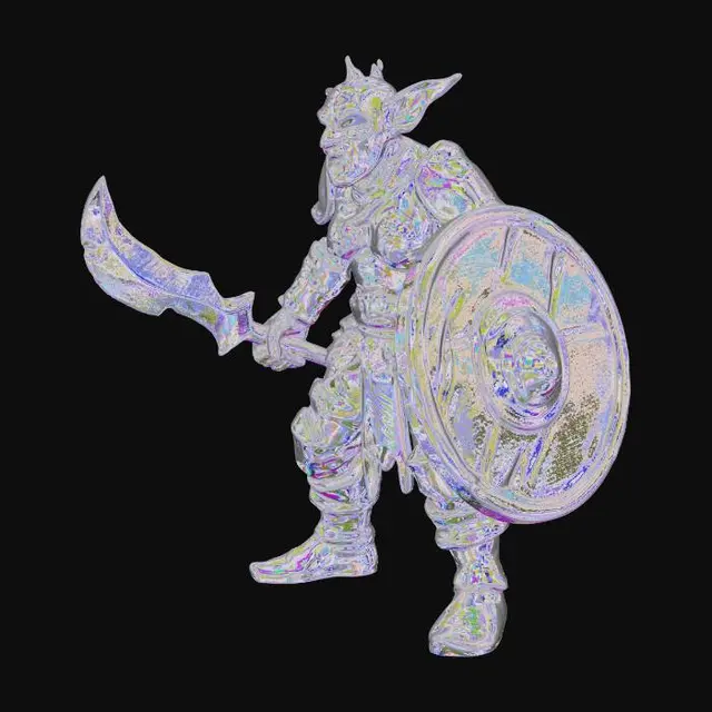3D model for Prompt: A high-detail, full-body 3D character model of a battle-hardened Goblin Warrior. The goblin has mottled green, leathery skin with warts and battle scars. Large, pointed, tattered ears and glowing yellow eyes. He is wearing mismatched, rusted scrap-metal plate armor over dirty leather tunics. He carries a notched, jagged iron scimitar in one hand and a crude wooden buckler shield reinforced with metal bands in the other.

Technical Specs: T-pose or A-pose for rigging, hyper-realistic textures, 8k resolution, cinematic lighting, sharp facial features, exaggerated long nose, crooked teeth. Digital sculpture style, intricate leather straps and pouches, muddy boots. High-poly mesh detail.