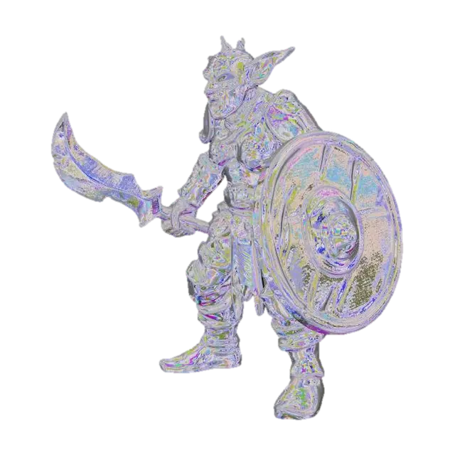 3D model for Prompt: A high-detail, full-body 3D character model of a battle-hardened Goblin Warrior. The goblin has mottled green, leathery skin with warts and battle scars. Large, pointed, tattered ears and glowing yellow eyes. He is wearing mismatched, rusted scrap-metal plate armor over dirty leather tunics. He carries a notched, jagged iron scimitar in one hand and a crude wooden buckler shield reinforced with metal bands in the other.

Technical Specs: T-pose or A-pose for rigging, hyper-realistic textures, 8k resolution, cinematic lighting, sharp facial features, exaggerated long nose, crooked teeth. Digital sculpture style, intricate leather straps and pouches, muddy boots. High-poly mesh detail.
