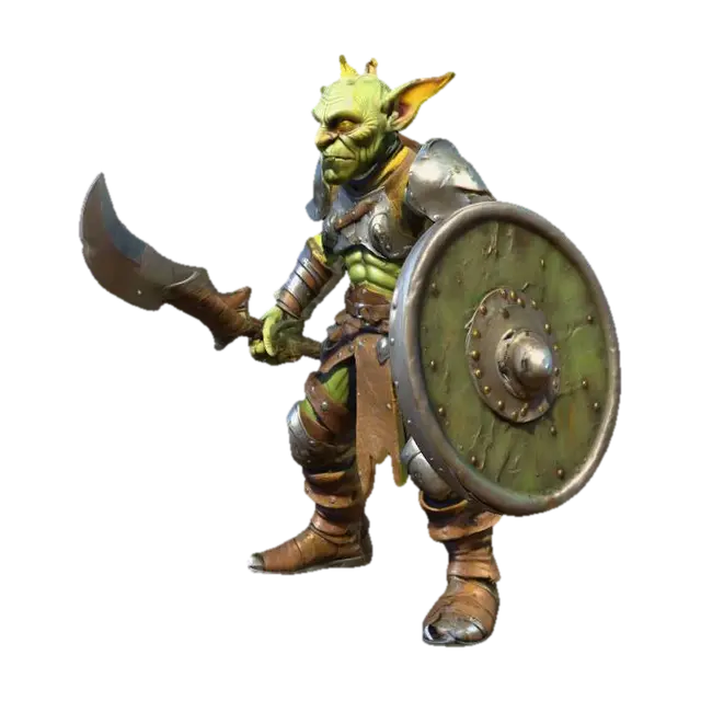 3D model for Prompt: A high-detail, full-body 3D character model of a battle-hardened Goblin Warrior. The goblin has mottled green, leathery skin with warts and battle scars. Large, pointed, tattered ears and glowing yellow eyes. He is wearing mismatched, rusted scrap-metal plate armor over dirty leather tunics. He carries a notched, jagged iron scimitar in one hand and a crude wooden buckler shield reinforced with metal bands in the other.

Technical Specs: T-pose or A-pose for rigging, hyper-realistic textures, 8k resolution, cinematic lighting, sharp facial features, exaggerated long nose, crooked teeth. Digital sculpture style, intricate leather straps and pouches, muddy boots. High-poly mesh detail.