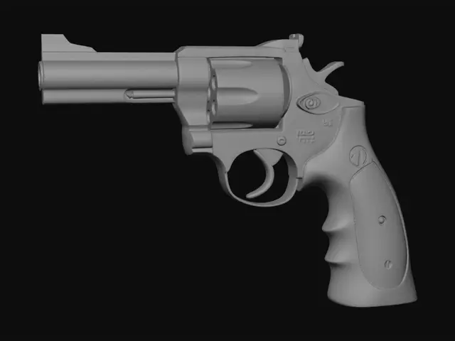 3D model for A high-quality 3D model of a heavy Magnum-style revolver pistol, designed as a first-person shooter (FPS) game asset. Photorealistic style, PBR materials, brushed dark gunmetal finish with a slightly worn, textured mahogany wood grip. Intricate mechanical details on the cylinder, heavy barrel, and hammer. Clean topology, 4k resolution textures, Unreal Engine 5 asset style, sharp edges, professional hard-surface modeling, neutral studio lighting