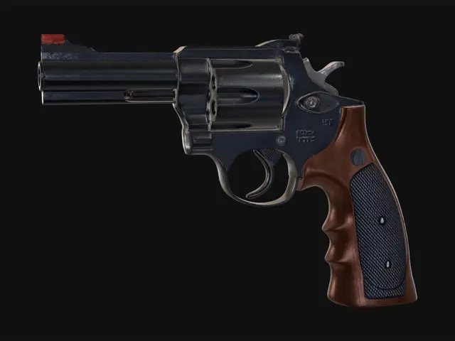 3D model for A high-quality 3D model of a heavy Magnum-style revolver pistol, designed as a first-person shooter (FPS) game asset. Photorealistic style, PBR materials, brushed dark gunmetal finish with a slightly worn, textured mahogany wood grip. Intricate mechanical details on the cylinder, heavy barrel, and hammer. Clean topology, 4k resolution textures, Unreal Engine 5 asset style, sharp edges, professional hard-surface modeling, neutral studio lighting