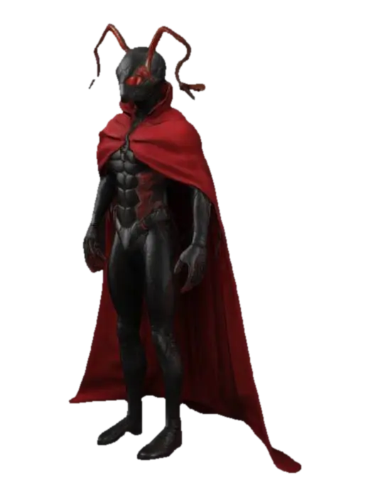 Red ant man dressed in black. Behind the body there is a red cloak. Everything looks… - Super 3D model, vytvořený pomocí AI