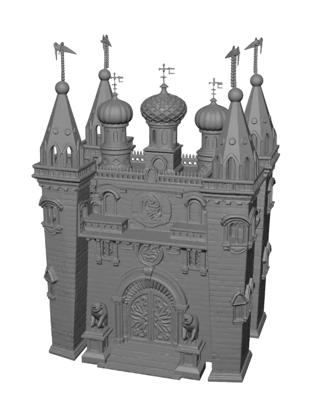 3D model for Massive ancient Slavic-Russian fantasy royal keep, hybrid pagan Slavic and Kremlin-style architecture, 250m tall, colossal scale, dark weathered granite walls carved with glowing blue Slavic runes and totemic animal motifs, multiple gilded onion domes staggered heights, dome ribs etched with arcane sigils, tall watchtowers with wooden eaves carved as bear and wolf heads, massive iron-banded gate flanked by stone guardian statues, heavy snow on every ledge and dome, icicles, frost-cracked stone, mystical fog at base, isolated object, no background, centered, single building, hard-surface, highly detailed, fantasy concept art, PBR textures, photorealistic