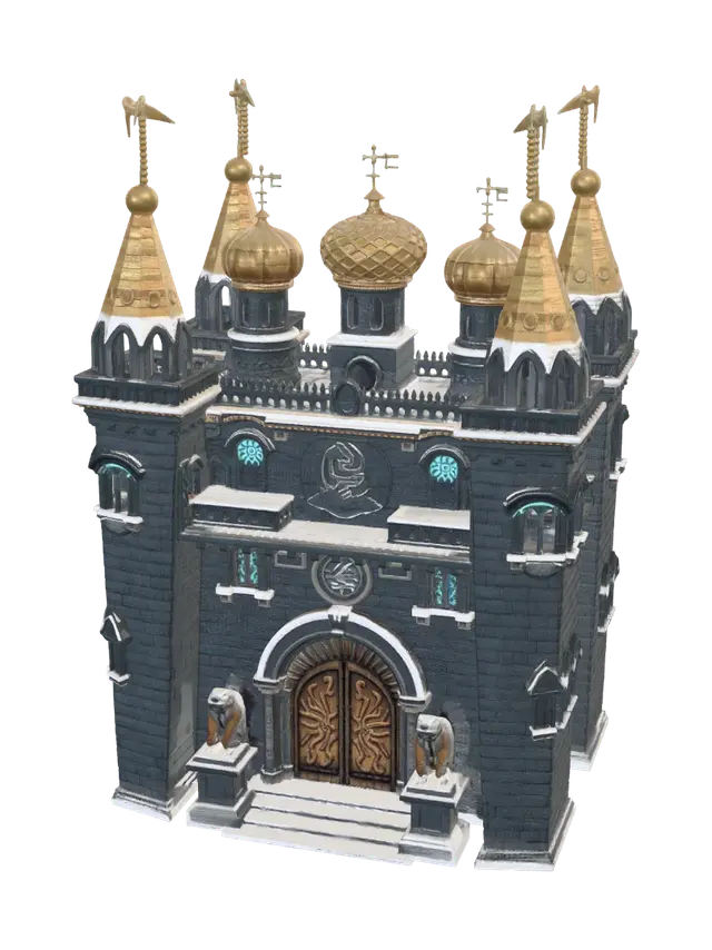 3D model for Massive ancient Slavic-Russian fantasy royal keep, hybrid pagan Slavic and Kremlin-style architecture, 250m tall, colossal scale, dark weathered granite walls carved with glowing blue Slavic runes and totemic animal motifs, multiple gilded onion domes staggered heights, dome ribs etched with arcane sigils, tall watchtowers with wooden eaves carved as bear and wolf heads, massive iron-banded gate flanked by stone guardian statues, heavy snow on every ledge and dome, icicles, frost-cracked stone, mystical fog at base, isolated object, no background, centered, single building, hard-surface, highly detailed, fantasy concept art, PBR textures, photorealistic