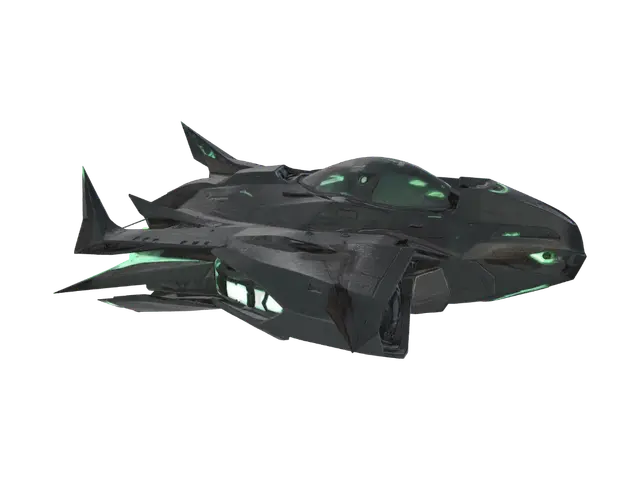 3D model for "A terrifying futuristic alien space shuttle car, dark black metallic body, aggressive sharp bat-like wings, glowing green and blue alien energy core, demonic front design, razor-sharp edges, mysterious alien technology, cinematic horror sci-fi style, glowing thrusters, neon green energy lines, ultra detailed, AAA game asset, realistic PBR textures, high poly, Unity game ready, FBX/OBJ, no background, centered model, 4K textures."