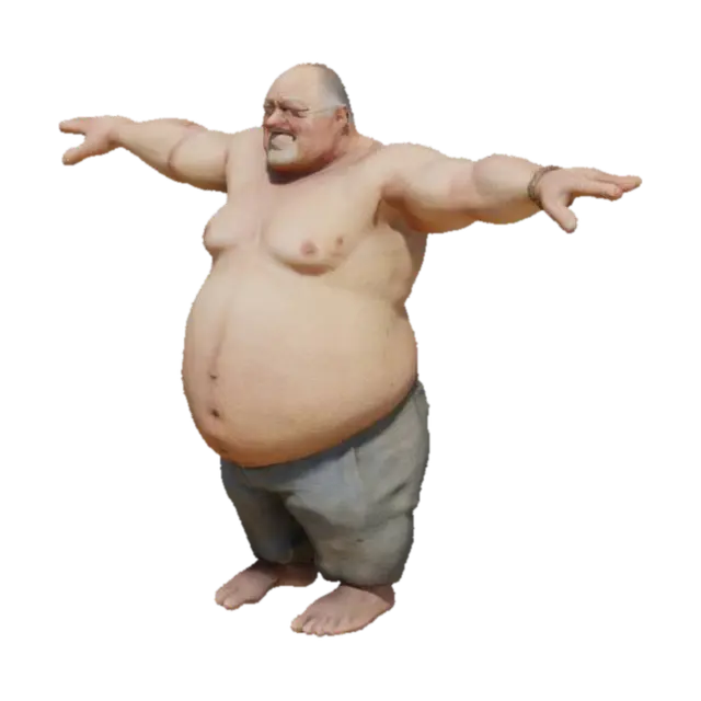 high detailed t-posed, a fat old man, topless, garden, flowers, #garden# - Oldman 3D model, vytvořený pomocí AI