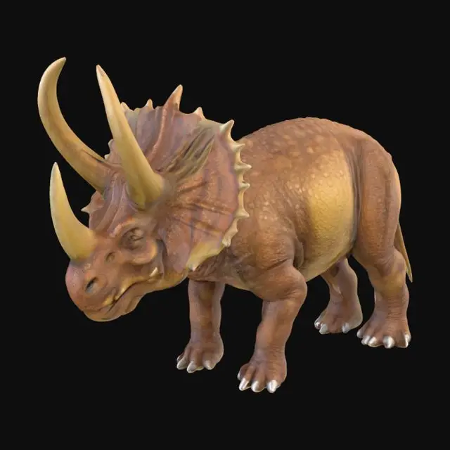 3D model for Crie um modelo 3D hiper-realista de um Triceratops, com texturas detalhadas e aparência realista de pele. As cores predominantes devem ser tons de castanho e cinza, incluindo nuances naturais. O modelo deve ter proporções precisas, detalhes como escamas e rugas, e aparência tridimensional realista