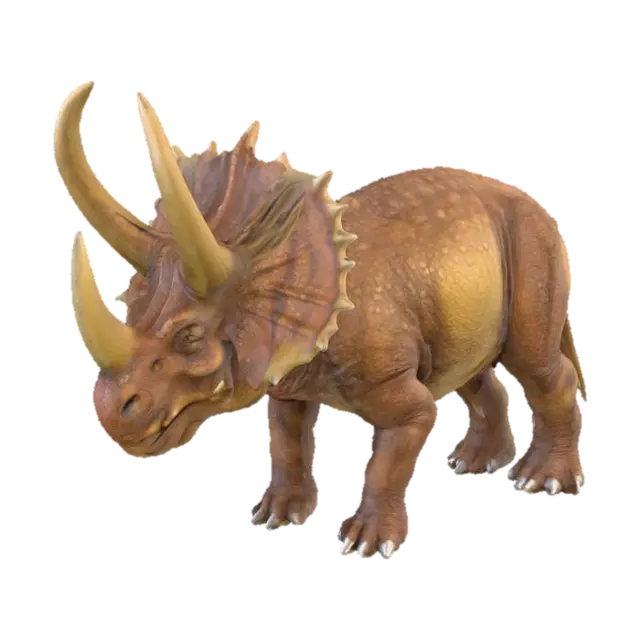 3D model for Crie um modelo 3D hiper-realista de um Triceratops, com texturas detalhadas e aparência realista de pele. As cores predominantes devem ser tons de castanho e cinza, incluindo nuances naturais. O modelo deve ter proporções precisas, detalhes como escamas e rugas, e aparência tridimensional realista