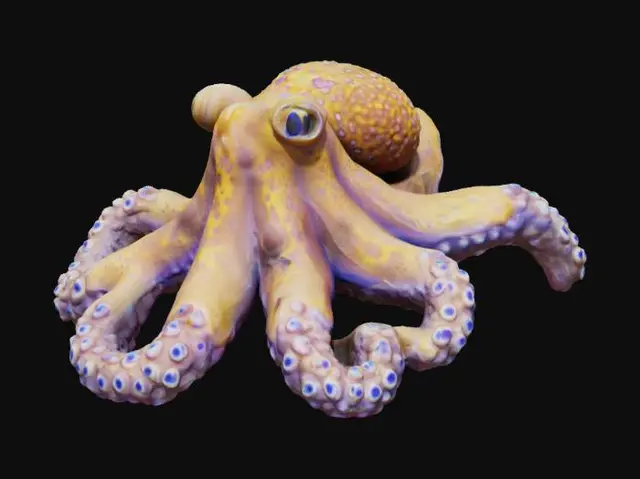 3D model for blue-ringed octopus resting on a coral ledge, its iridescent rings pulsing with warning signals
