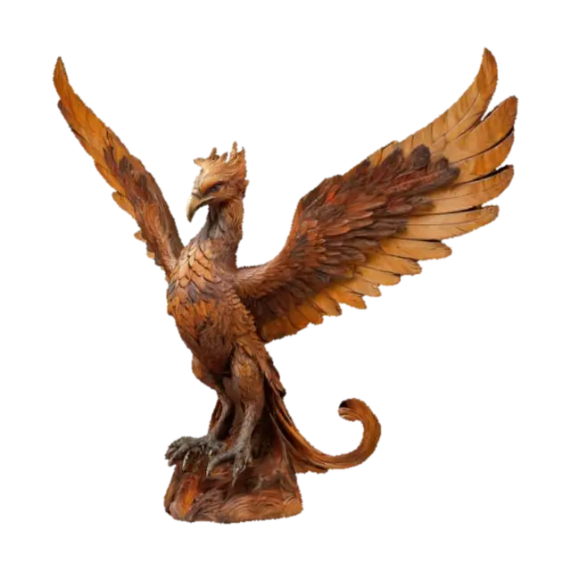 Highly detailed wooden sculpture of a mythical phoenix with layered feather… 3D-model, gegenereerd door AI