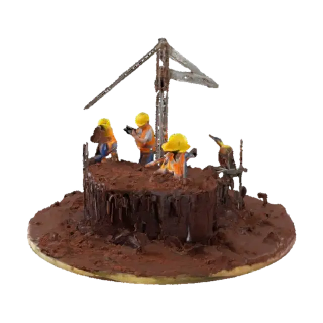 Modello 3D Miniature construction workers use tiny tools to carve a chocolate cake, resembling…, generato dall’IA