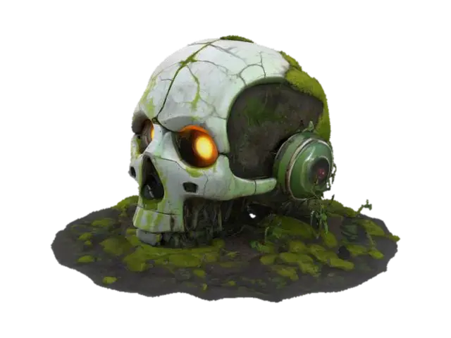 3D model for Ancient giant robot head, half-buried in soil and moss, overgrown with vines, cracked metal and stone texture, glowing broken eye, highly detailed, 3D game asset, no rigging, for Unreal Engine or Unity environments