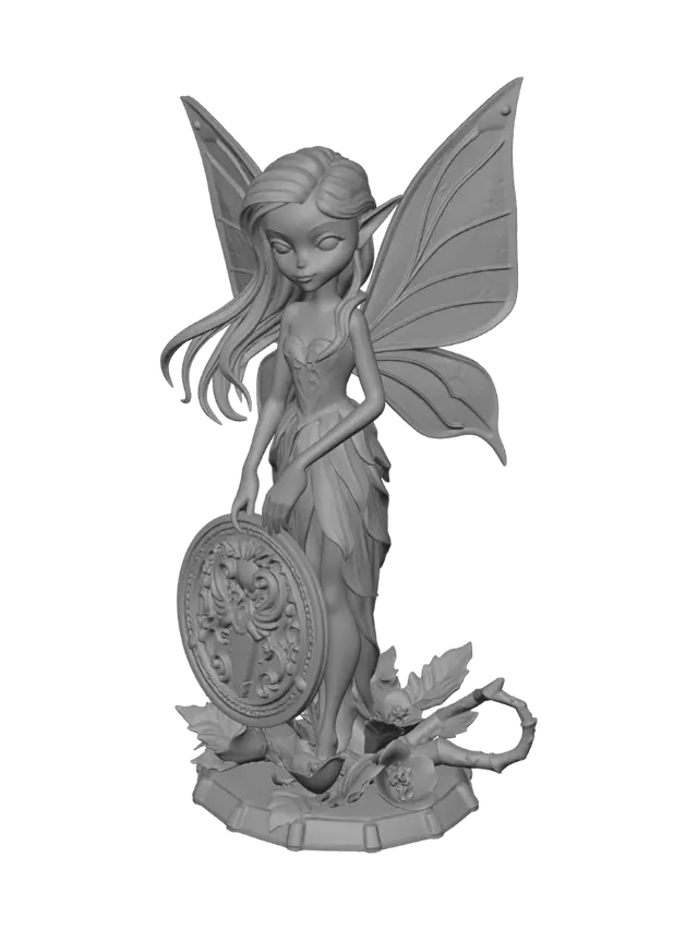 3D model for Create a stylized fantasy fairy as a highly detailed 3D printable collectible. She stands gracefully on a natural stone base while holding a large perfectly round ancient coin with both hands at chest height. The coin is flat, smooth and designed to house a 40 mm NFC tag. Long flowing hair, pointed ears, elegant face, butterfly wings with thick structural veins, and a dress made of leaves, vines and flower petals. Organic fantasy aesthetic inspired by enchanted forests. Balanced pose, sturdy connections between wings, hair and body, no floating parts, watertight mesh, clean silhouette, thick printable details, optimized for resin 3D printing, premium fantasy sculpture.