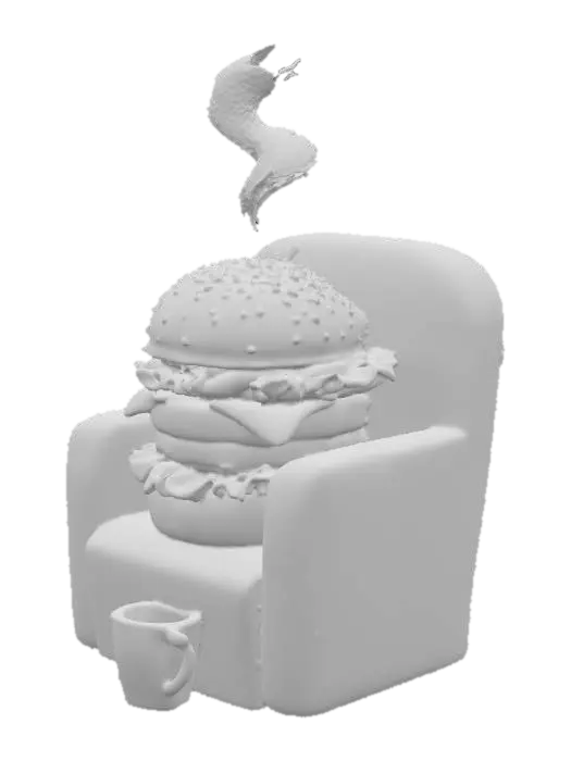 3D model for hamburger on a chair, drinking coffee
