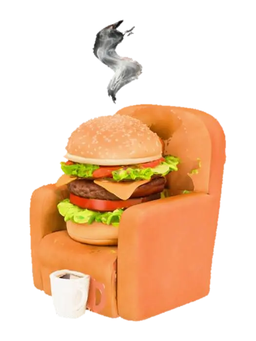 3D model for hamburger on a chair, drinking coffee
