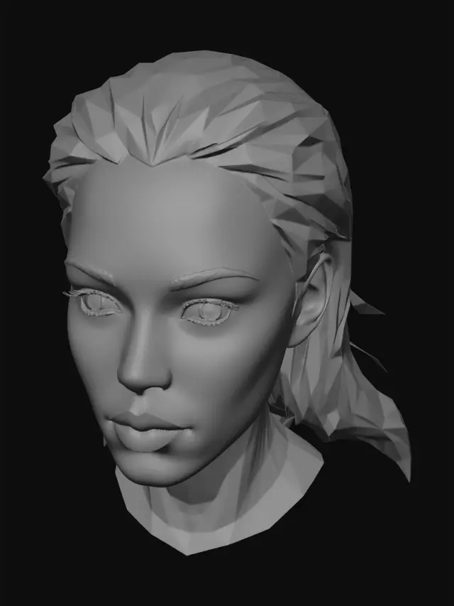 3D model for Beautiful female AI assistant face, side profile view, hyper-detailed low-poly wireframe mesh, sharp triangulated geometry covering entire head and neck, glowing cyan and electric blue neon edges, semi-transparent holographic skin with visible facial structure (eyes, nose bridge, lips, cheekbones, jawline clearly defined), flowing data-stream hair made of particle triangles, dark navy background with circuit grid pattern, futuristic HUD interface aesthetic, symmetrical facial proportions, photorealistic anatomy base with digital wireframe overlay, volumetric glow lighting, 8k render quality, centered composition, front-facing camera angle for 3D model conversion