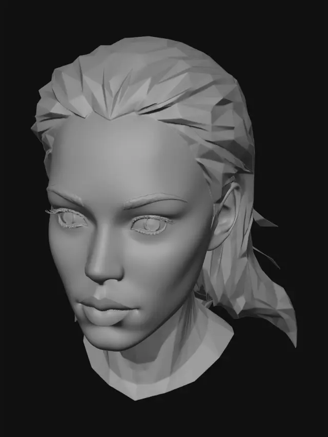 3D model for Beautiful female AI assistant face, side profile view, hyper-detailed low-poly wireframe mesh, sharp triangulated geometry covering entire head and neck, glowing cyan and electric blue neon edges, semi-transparent holographic skin with visible facial structure (eyes, nose bridge, lips, cheekbones, jawline clearly defined), flowing data-stream hair made of particle triangles, dark navy background with circuit grid pattern, futuristic HUD interface aesthetic, symmetrical facial proportions, photorealistic anatomy base with digital wireframe overlay, volumetric glow lighting, 8k render quality, centered composition, front-facing camera angle for 3D model conversion