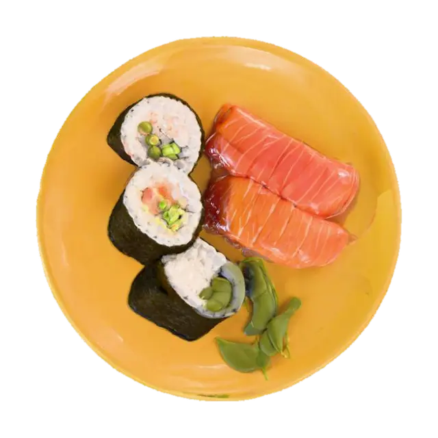 #food#, Top-down, studio shot of a balanced Japanese meal on a round, decorated… - Sushi 3D model, vytvořený pomocí AI