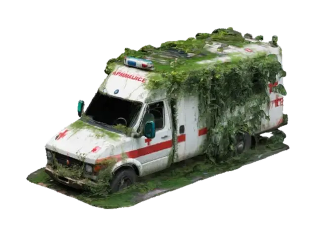 Apocalyptic destroyed ambulance vehicle overgrown with climbing plants 3D model, vytvořený pomocí AI