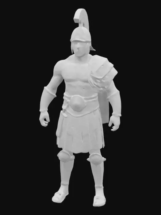 3D model for Create a highly detailed image of a Roman gladiator in T-Pose. The gladiator should wear traditional armor, such as a helmet with a crest, a leather or metal cuirass, and arm and leg guards. He should have a muscular build and a fierce expression.