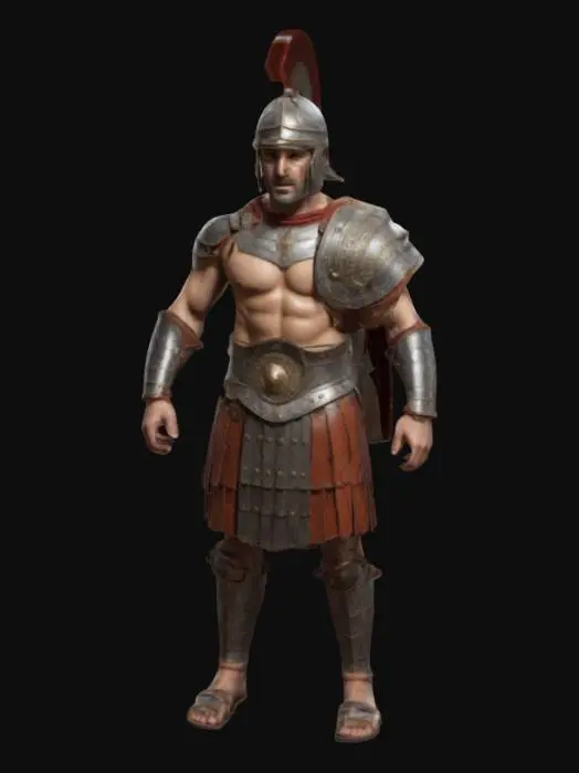 3D model for Create a highly detailed image of a Roman gladiator in T-Pose. The gladiator should wear traditional armor, such as a helmet with a crest, a leather or metal cuirass, and arm and leg guards. He should have a muscular build and a fierce expression.