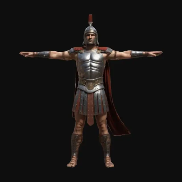 3D model for Create a highly detailed image of a Roman gladiator in T-Pose. The gladiator should wear traditional armor, such as a helmet with a crest, a leather or metal cuirass, and arm and leg guards. He should have a muscular build and a fierce expression.