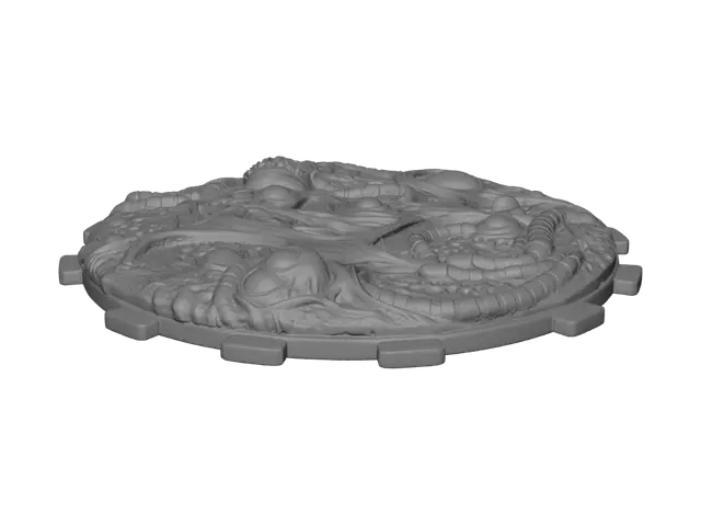 3D model for Single modular terrain base tile for xenomorph miniatures, organic biomechanical floor texture, alien nerves and membranes covering the surface, veins pulsing with neon green phosphorescent fluid, jet black and dark grey organic material, H.R. Giger style, flat circular base with interlocking peg system on edges, ultra detailed, isolated on pure white background, product photography, 3D printable miniature terrain