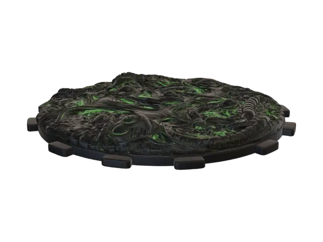 3D model for Single modular terrain base tile for xenomorph miniatures, organic biomechanical floor texture, alien nerves and membranes covering the surface, veins pulsing with neon green phosphorescent fluid, jet black and dark grey organic material, H.R. Giger style, flat circular base with interlocking peg system on edges, ultra detailed, isolated on pure white background, product photography, 3D printable miniature terrain