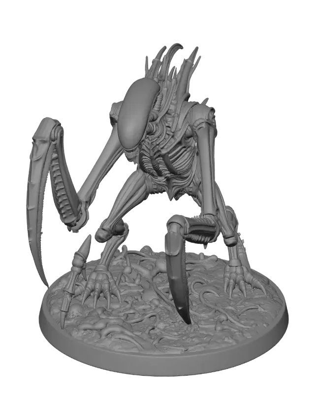 3D model for Single Insectoid Titan xenomorph miniature figure, giant praying mantis body fused with xenomorph, segmented blade arms, massive biomechanical exoskeleton, xenomorph elongated skull head, jet black chitin with neon green phosphorescent glow and acid drips, H.R. Giger style, ultra detailed, isolated on pure white background, product photography, 54-75mm miniature collectible