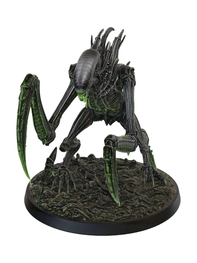 3D model for Single Insectoid Titan xenomorph miniature figure, giant praying mantis body fused with xenomorph, segmented blade arms, massive biomechanical exoskeleton, xenomorph elongated skull head, jet black chitin with neon green phosphorescent glow and acid drips, H.R. Giger style, ultra detailed, isolated on pure white background, product photography, 54-75mm miniature collectible