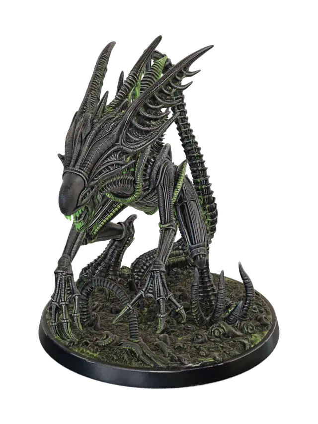 3D model for Single Queen Xenomorph miniature figure, imposing pose, massive jaw crown, visible ovipositor, jet black biomechanical exoskeleton with neon green phosphorescent highlights, glowing green acid drips, H.R. Giger style, ultra detailed, isolated on pure white background, product photography, 54-75mm miniature scale collectible