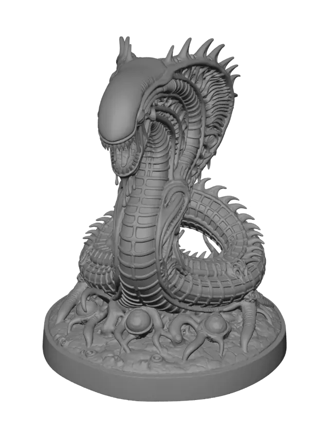3D model for Single Serpentor xenomorph miniature figure, xenomorph torso merged with giant coiled serpent body, cobra hood of alien chitin, fangs dripping neon green acid, jet black biomechanical exoskeleton with neon green phosphorescent highlights, H.R. Giger style, ultra detailed, isolated on pure white background, product photography, 54-75mm miniature collectible