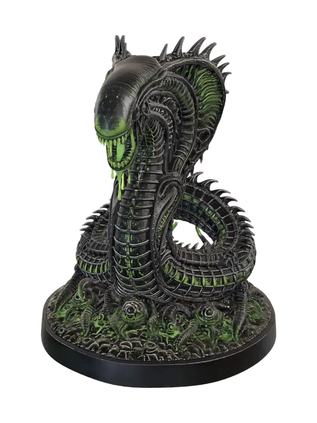 3D model for Single Serpentor xenomorph miniature figure, xenomorph torso merged with giant coiled serpent body, cobra hood of alien chitin, fangs dripping neon green acid, jet black biomechanical exoskeleton with neon green phosphorescent highlights, H.R. Giger style, ultra detailed, isolated on pure white background, product photography, 54-75mm miniature collectible