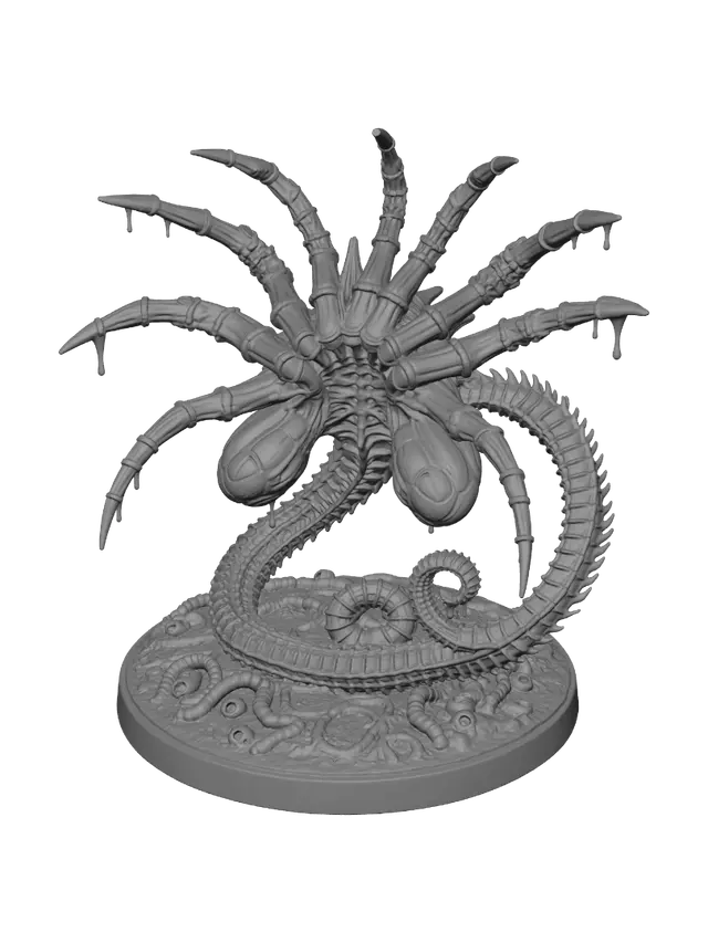 3D model for Single Giant Facehugger xenomorph miniature figure, heroic scale, all fingers extended and spread wide, spiral tail curled menacingly, translucent jet black biomechanical body with neon green phosphorescent veins and acid drips, underbelly detail visible, H.R. Giger style, ultra detailed, isolated on pure white background, product photography, 54-75mm miniature collectible