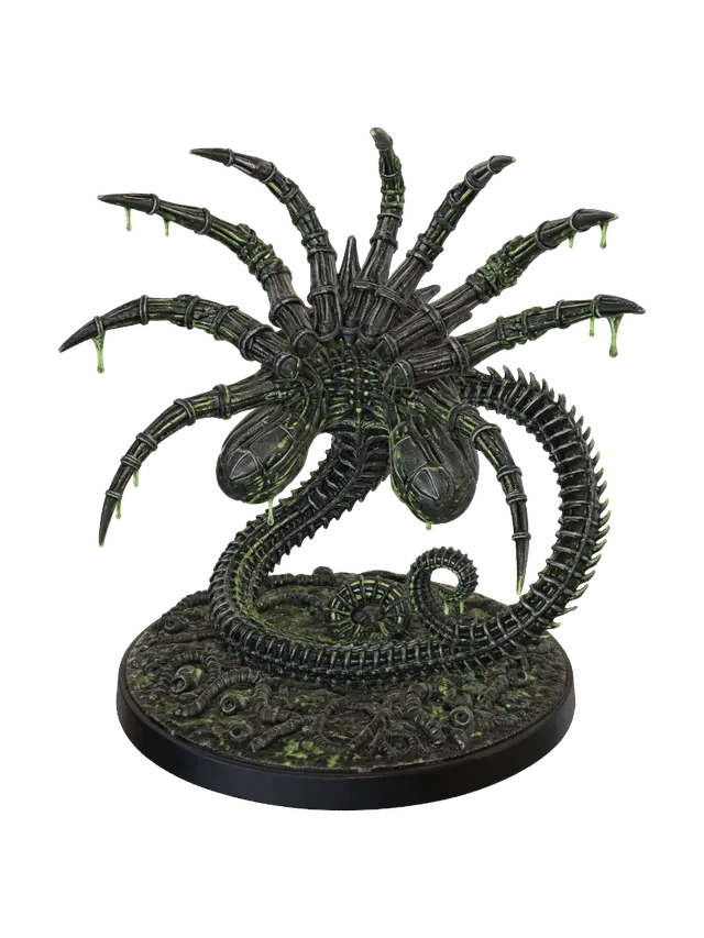 3D model for Single Giant Facehugger xenomorph miniature figure, heroic scale, all fingers extended and spread wide, spiral tail curled menacingly, translucent jet black biomechanical body with neon green phosphorescent veins and acid drips, underbelly detail visible, H.R. Giger style, ultra detailed, isolated on pure white background, product photography, 54-75mm miniature collectible