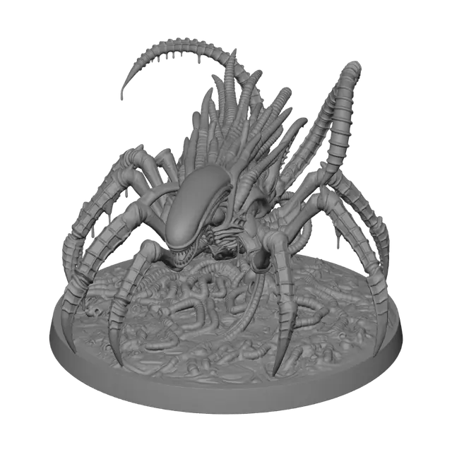 3D model for Single Arachnomorph xenomorph miniature figure, spider body with 8 segmented alien legs, multiple tails, massive fangs, xenomorph head, jet black biomechanical exoskeleton with neon green phosphorescent glow and acid drips, H.R. Giger style, ultra detailed, isolated on pure white background, product photography, 54-75mm miniature collectible
