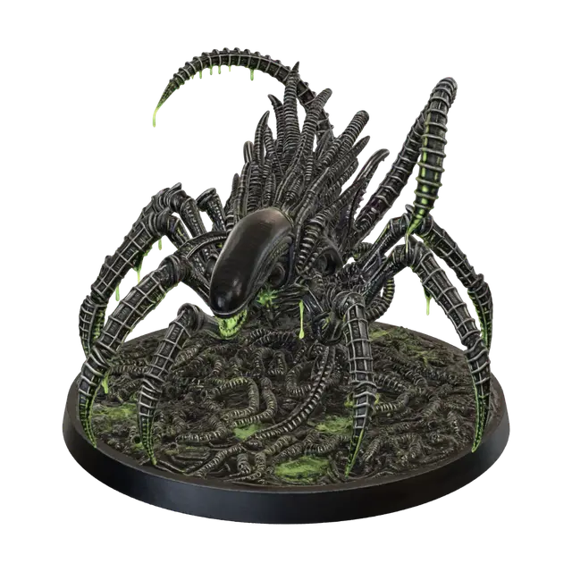 3D model for Single Arachnomorph xenomorph miniature figure, spider body with 8 segmented alien legs, multiple tails, massive fangs, xenomorph head, jet black biomechanical exoskeleton with neon green phosphorescent glow and acid drips, H.R. Giger style, ultra detailed, isolated on pure white background, product photography, 54-75mm miniature collectible