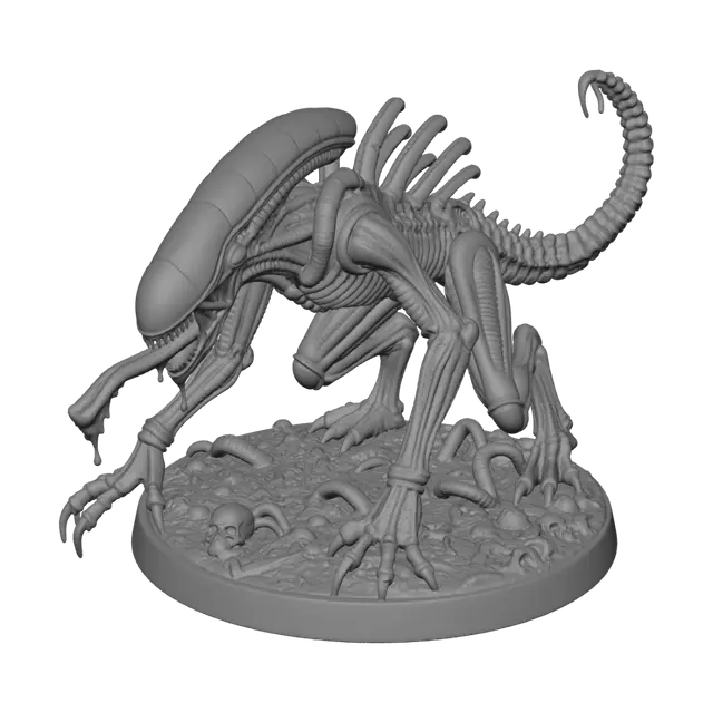 3D model for Single Drone Xenomorph miniature figure, stealth crawling pose on all fours, elongated ridged skull, extended inner tongue, jet black biomechanical exoskeleton with neon green phosphorescent highlights, glowing green eyes, H.R. Giger style, ultra detailed, isolated on pure white background, product photography, 54-75mm miniature scale collectible