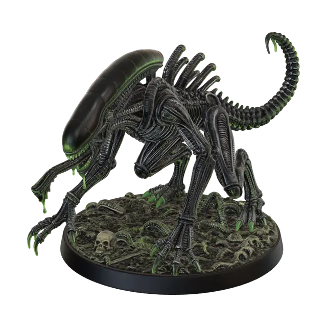 3D model for Single Drone Xenomorph miniature figure, stealth crawling pose on all fours, elongated ridged skull, extended inner tongue, jet black biomechanical exoskeleton with neon green phosphorescent highlights, glowing green eyes, H.R. Giger style, ultra detailed, isolated on pure white background, product photography, 54-75mm miniature scale collectible