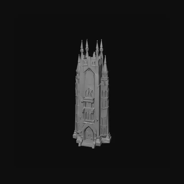 3D model for Single standalone sci-fi gothic elite residential tower, 3D model, tabletop scale. Tall narrow prestigious residence, dark stone-like facade with pointed arch window frames and decorative vertical ribbing running full height. Ornamental spires at roofline corners. Large windows with intricate geometric alien frame detail. Carved decorative panels between floors depicting abstract Ruono cultural motifs — bears, physical forms, strength imagery. Heavy entrance with decorative surround. Regime portrait mount integrated into facade design as intended feature not afterthought. Rich dark stone material, warm interior lighting visible through large windows, teal conduit integrated decoratively into facade. No interior, solid exterior only, neutral background.