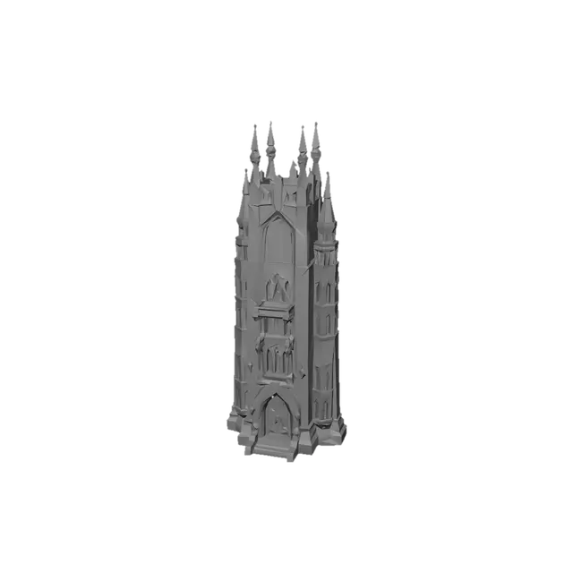 3D model for Single standalone sci-fi gothic elite residential tower, 3D model, tabletop scale. Tall narrow prestigious residence, dark stone-like facade with pointed arch window frames and decorative vertical ribbing running full height. Ornamental spires at roofline corners. Large windows with intricate geometric alien frame detail. Carved decorative panels between floors depicting abstract Ruono cultural motifs — bears, physical forms, strength imagery. Heavy entrance with decorative surround. Regime portrait mount integrated into facade design as intended feature not afterthought. Rich dark stone material, warm interior lighting visible through large windows, teal conduit integrated decoratively into facade. No interior, solid exterior only, neutral background.