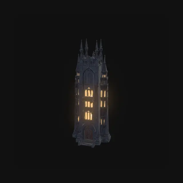 3D model for Single standalone sci-fi gothic elite residential tower, 3D model, tabletop scale. Tall narrow prestigious residence, dark stone-like facade with pointed arch window frames and decorative vertical ribbing running full height. Ornamental spires at roofline corners. Large windows with intricate geometric alien frame detail. Carved decorative panels between floors depicting abstract Ruono cultural motifs — bears, physical forms, strength imagery. Heavy entrance with decorative surround. Regime portrait mount integrated into facade design as intended feature not afterthought. Rich dark stone material, warm interior lighting visible through large windows, teal conduit integrated decoratively into facade. No interior, solid exterior only, neutral background.