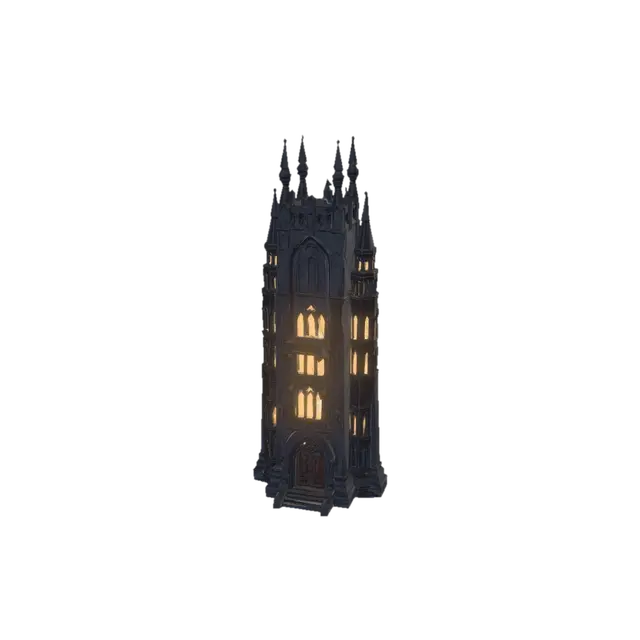 3D model for Single standalone sci-fi gothic elite residential tower, 3D model, tabletop scale. Tall narrow prestigious residence, dark stone-like facade with pointed arch window frames and decorative vertical ribbing running full height. Ornamental spires at roofline corners. Large windows with intricate geometric alien frame detail. Carved decorative panels between floors depicting abstract Ruono cultural motifs — bears, physical forms, strength imagery. Heavy entrance with decorative surround. Regime portrait mount integrated into facade design as intended feature not afterthought. Rich dark stone material, warm interior lighting visible through large windows, teal conduit integrated decoratively into facade. No interior, solid exterior only, neutral background.