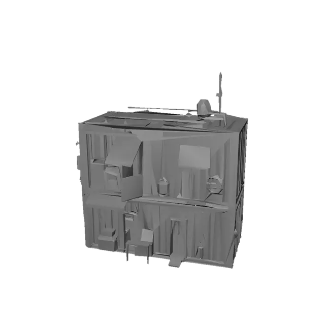 3D model for Single standalone sci-fi residential dwelling built from stacked converted cargo containers, 3D model, tabletop scale. Two or three cargo containers stacked and welded together, container doors converted to windows and entrance. Exterior covered in improvised additions — fabric awnings, pipe work, external storage boxes bolted on. Alien shipping labels still partially visible beneath paint and grime. Small generator unit outside. Personal items hanging outside. This is someone's home. Worn container metal, patched and painted over years, warm interior lighting visible through converted windows. No interior, solid exterior only, neutral background.
