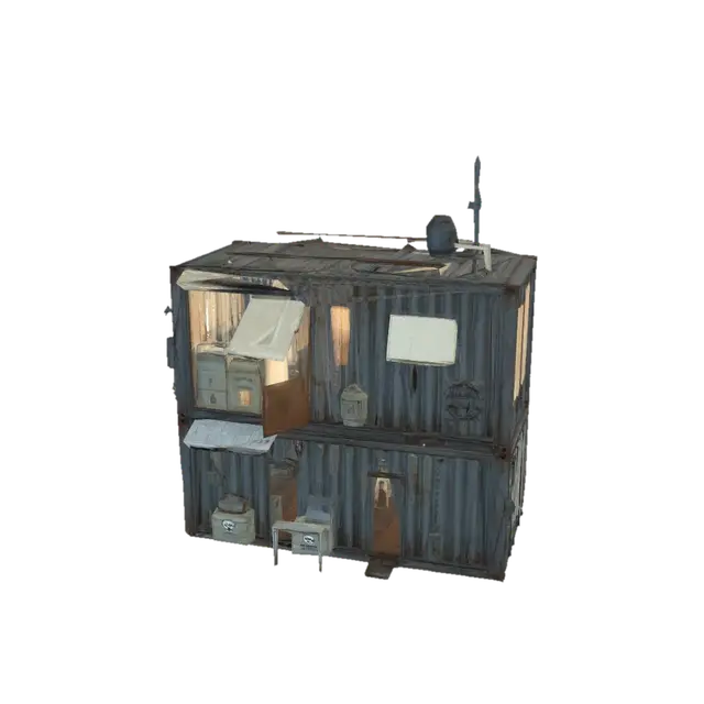 3D model for Single standalone sci-fi residential dwelling built from stacked converted cargo containers, 3D model, tabletop scale. Two or three cargo containers stacked and welded together, container doors converted to windows and entrance. Exterior covered in improvised additions — fabric awnings, pipe work, external storage boxes bolted on. Alien shipping labels still partially visible beneath paint and grime. Small generator unit outside. Personal items hanging outside. This is someone's home. Worn container metal, patched and painted over years, warm interior lighting visible through converted windows. No interior, solid exterior only, neutral background.