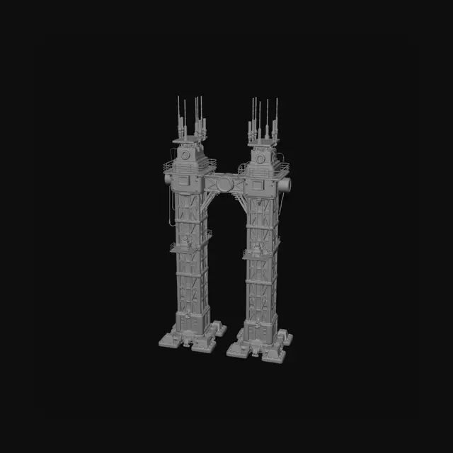 3D model for Single standalone sci-fi twin tower structure, 3D model, tabletop scale. Two towers of slightly different heights connected by enclosed sky bridge at upper level. Each tower distinct in texture and detail suggesting different original builders. Sky bridge heavily reinforced, clearly added after original construction. Dense conduit work on both towers converging at bridge connection. Multiple antenna on each rooftop. Weathered and aged. Dark industrial materials, teal conduit glow at bridge connection point, amber lighting at base. No interior, solid exterior only, neutral background.